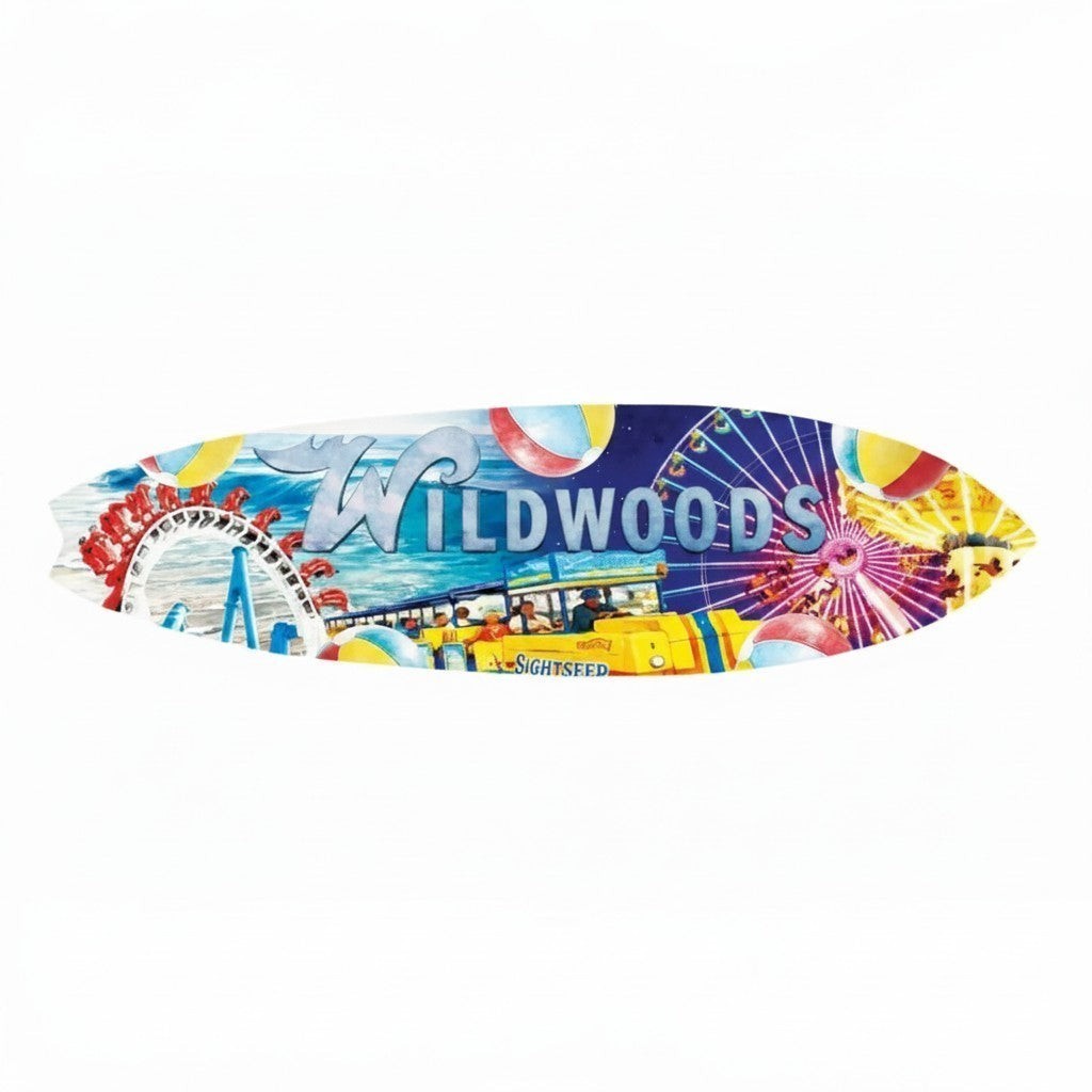 FUN HAPPY STUFF by jennygems Wildwoods decorative surfboard wall art featuring a colorful boardwalk theme with rides.