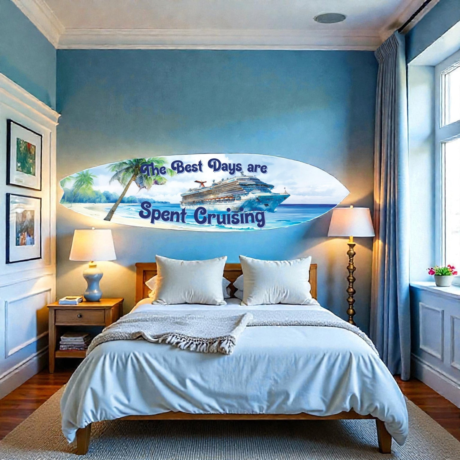 FUN HAPPY STUFF by jennygems surfboard wall art featuring a cruise ship on tropical waters with palm trees and text "The Best Days are Spent Cruising".