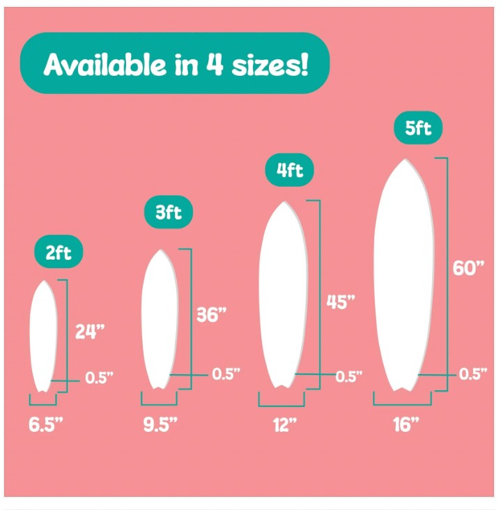 FUN HAPPY STUFF by jennygems surfboard wall art available in 4 sizes: 2ft, 3ft, 4ft, and 5ft.