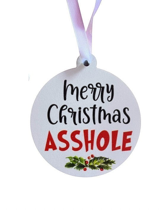 FUN HAPPY STUFF by jennygems round white Christmas ornament with funny holiday text and holly berry graphic.