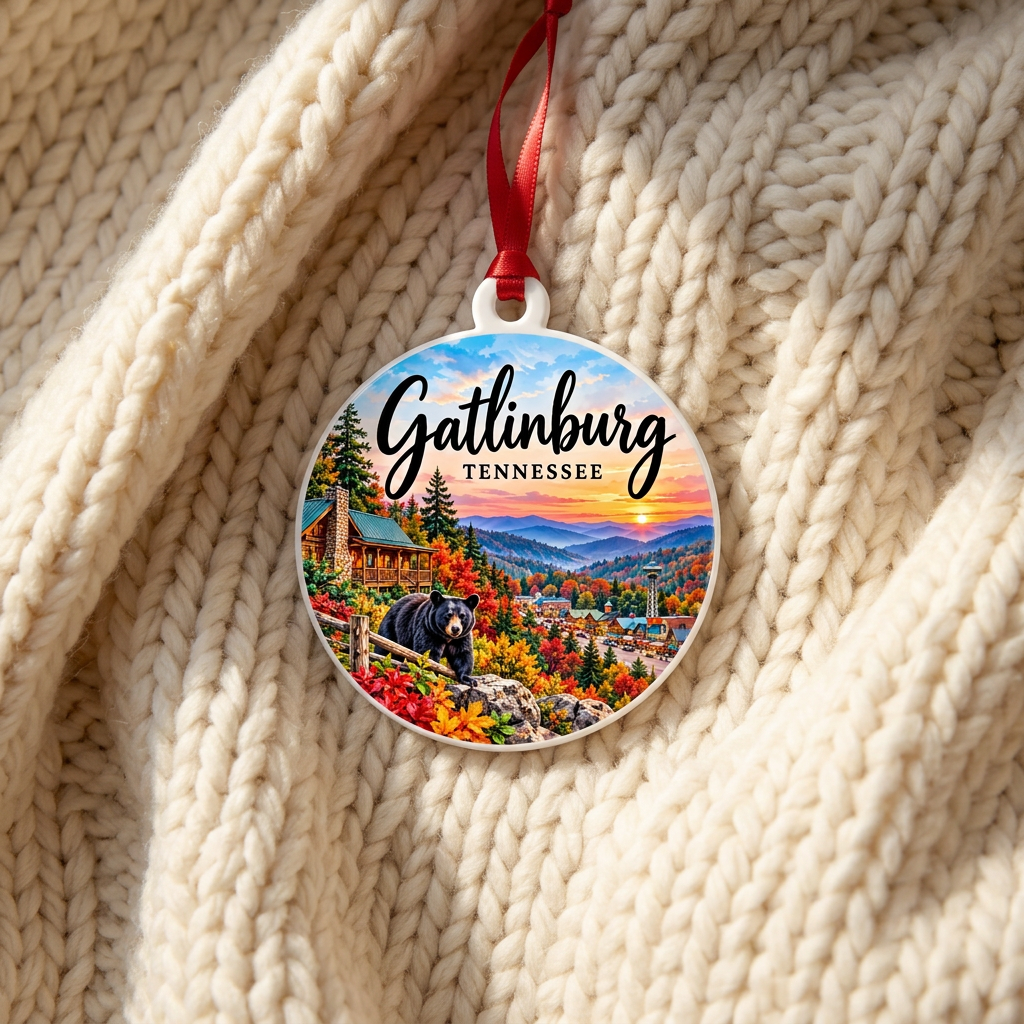 Gatlinburg ornament on ivory knit blanket