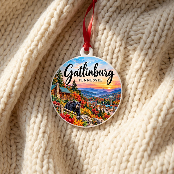 Gatlinburg ornament on ivory knit blanket