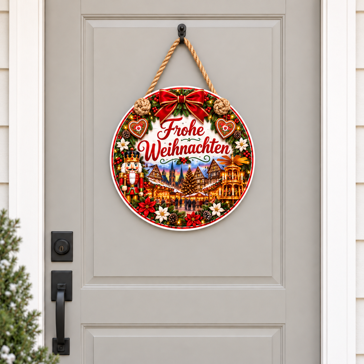 Frohe Weihnachten German Christmas door hanger displayed on a simple light gray front door with natural rope and two front knots.