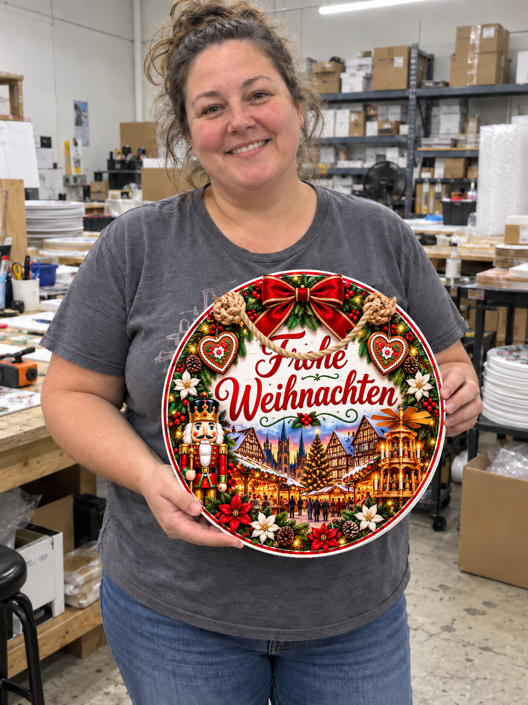 German door hanger with original listing artwork composited into an AI-generated warehouse worker scene.
