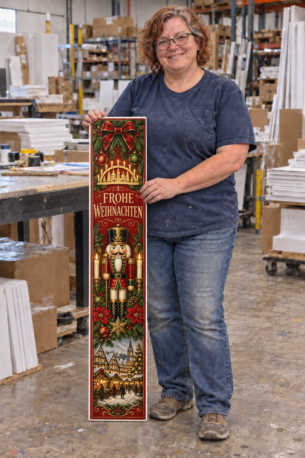 german porch board with original listing artwork composited unchanged into warehouse worker photograph