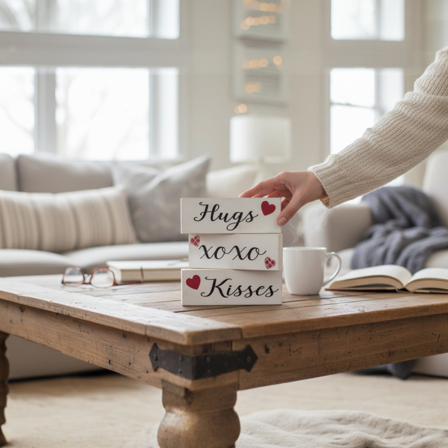 Hugs and Kisses Signs, 3pc Wooden Block Set, Valentine's Day Decor