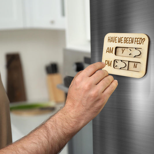 Cat Feeding Reminder Magnet: AM/PM Tracker, Wooden Fridge Slider, Have We Been Fed