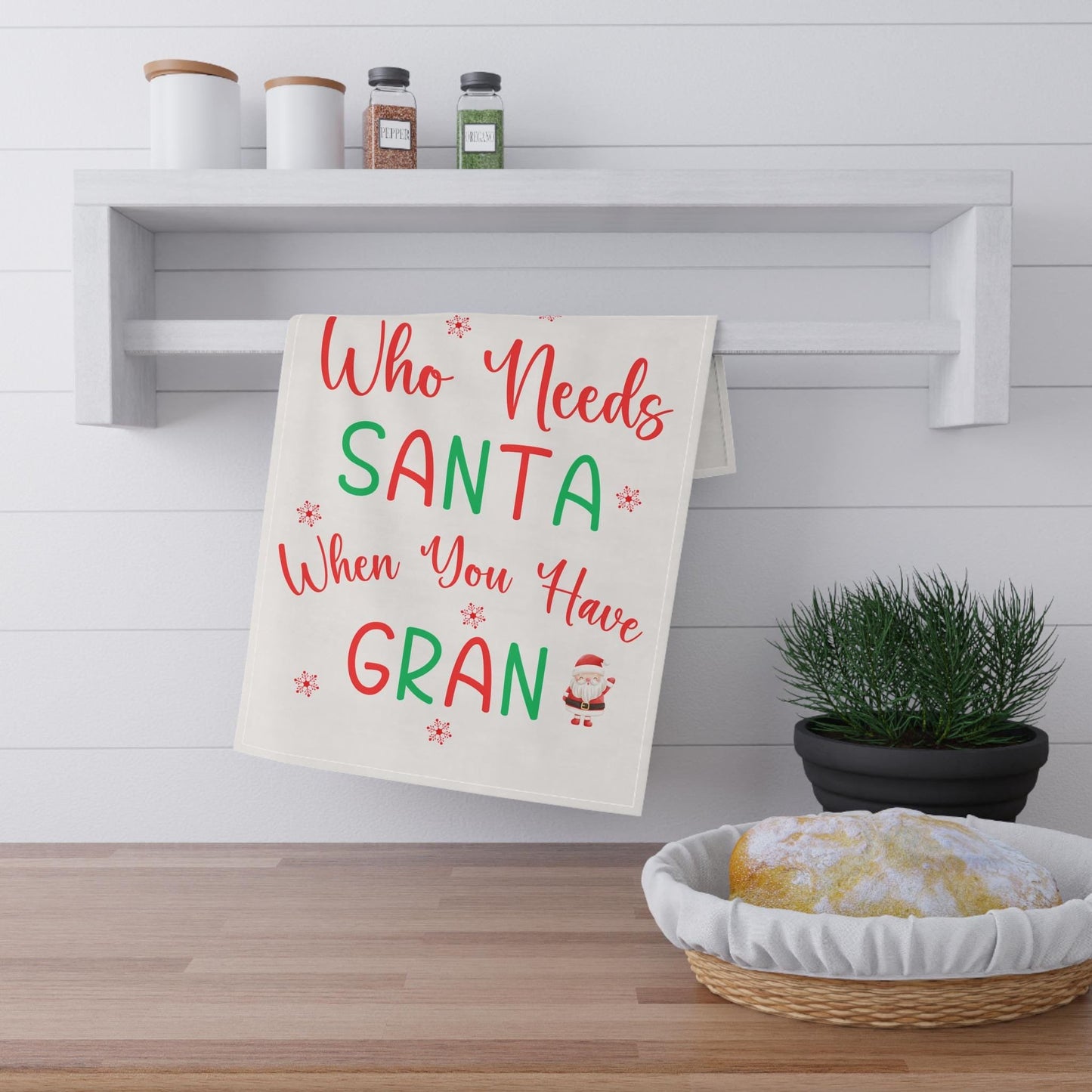 Gran Gift, Funny Quote Tea Towel for Gran, Christmas Gift for Gran, Santa Design, Cotton Dish Cloth, Kitchen Decor
