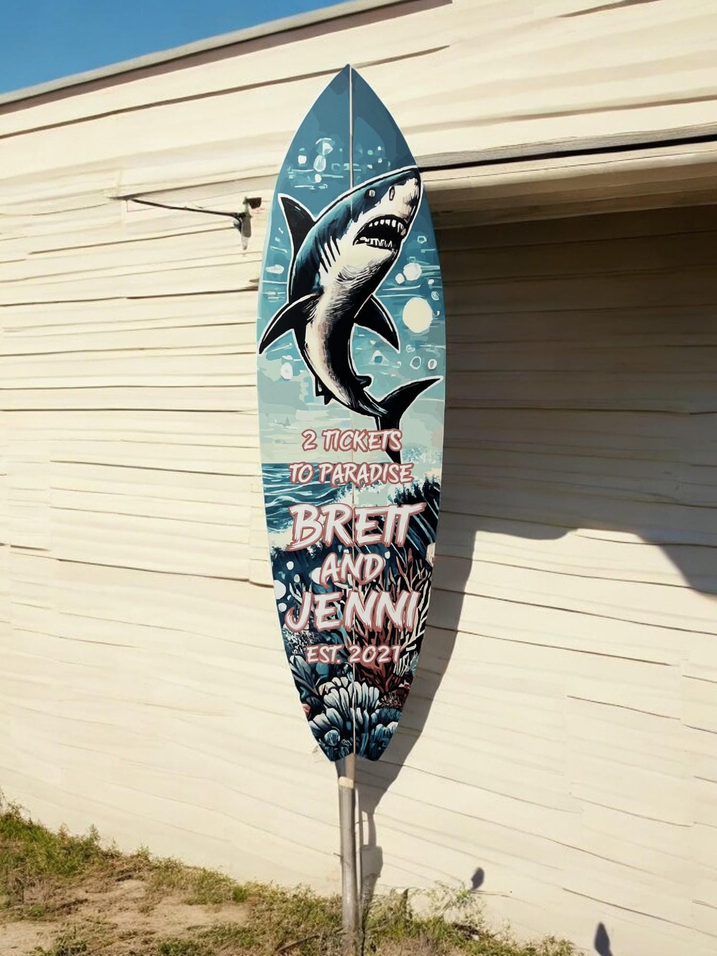 Custom Shark Surfboard Sign: Personalized Beach House Decor