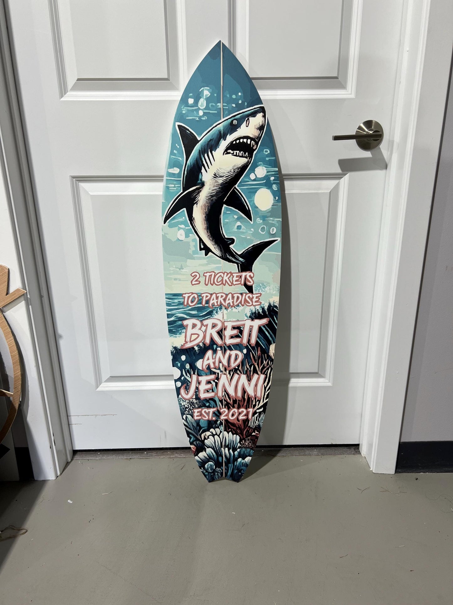 Custom Shark Surfboard Sign: Personalized Beach House Decor
