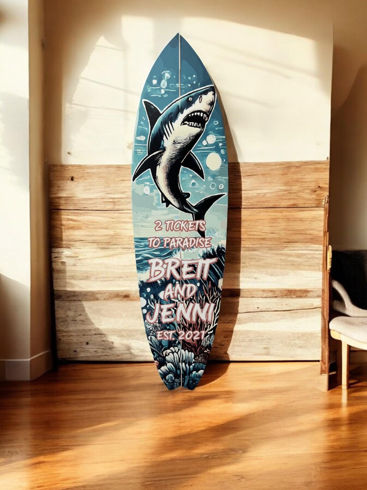 Custom Shark Surfboard Sign: Personalized Beach House Decor