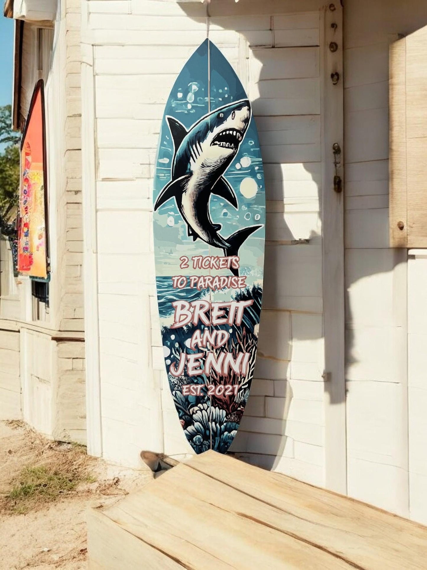 Custom Shark Surfboard Sign: Personalized Beach House Decor