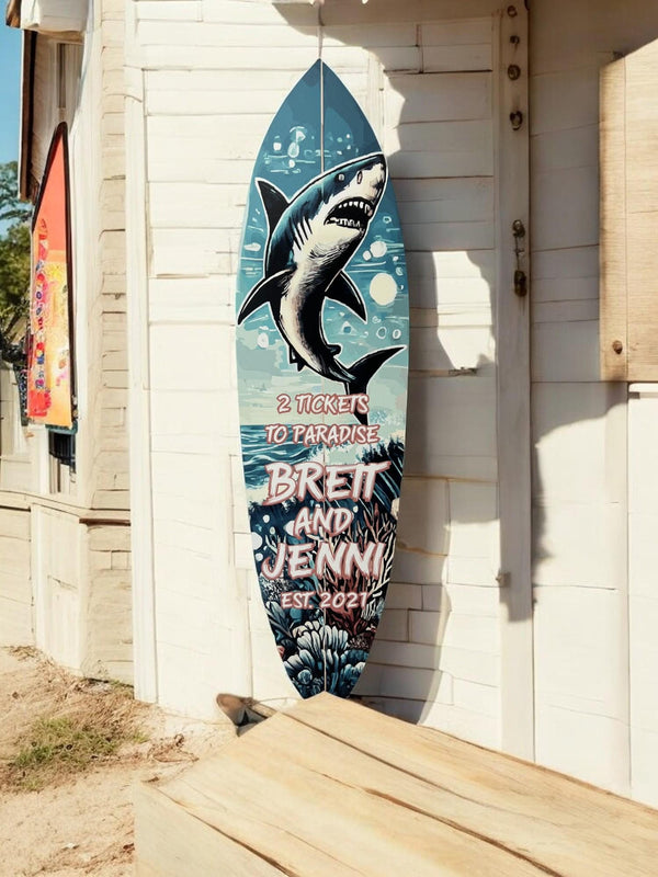 Custom Shark Surfboard Sign: Personalized Beach House Decor