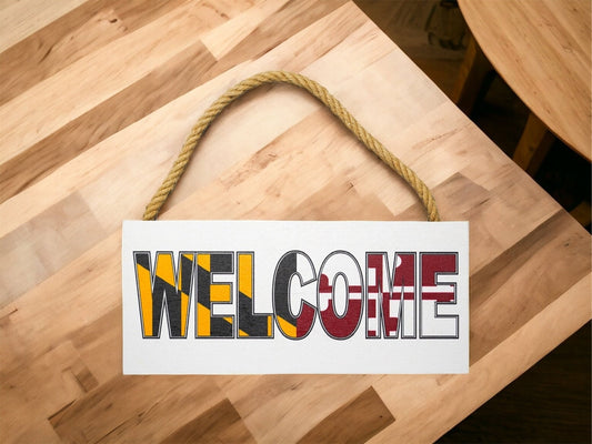 Maryland Flag Welcome Sign: Rustic Nautical Rope Decor (6x13 inches)