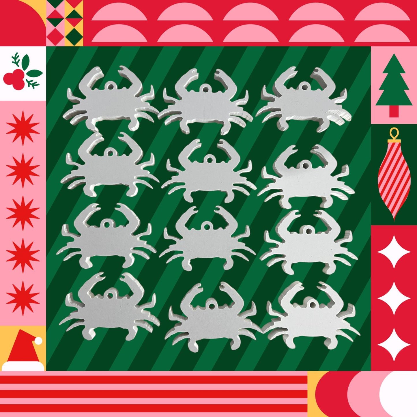 PVC Crab Christmas Ornaments: Coastal Decor with Red Ribbon (Set of 12)