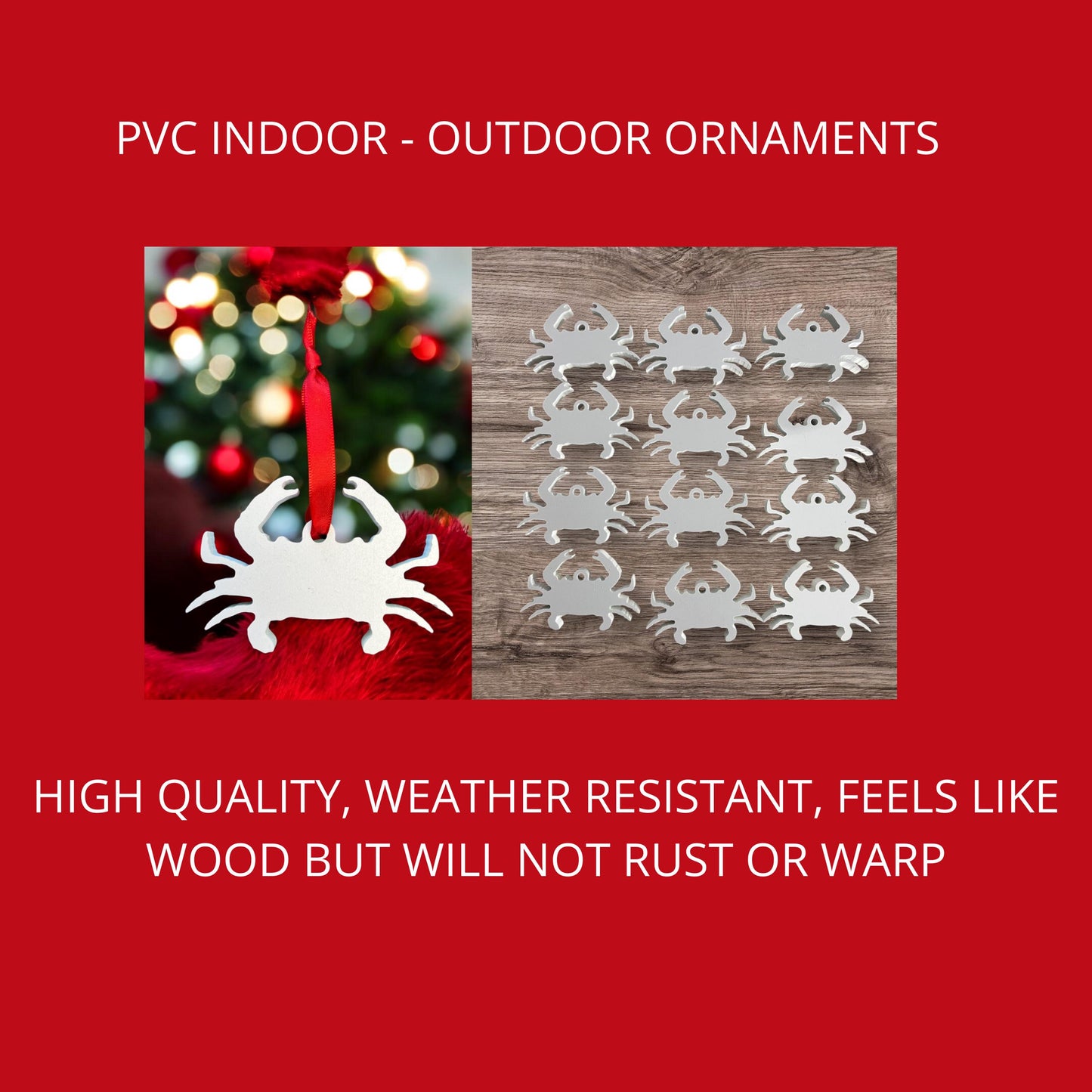 PVC Crab Christmas Ornaments: Coastal Decor with Red Ribbon (Set of 12)