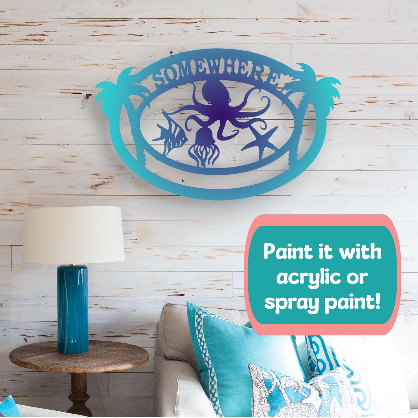 Outdoor Octopus Coastal PVC Sign: Palm Trees, Beach Home Decor, Somewhere