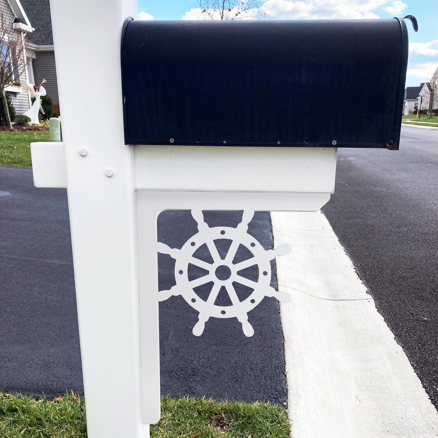 Nautical Wheel Mailbox Bracket: White PVC Porch Decor