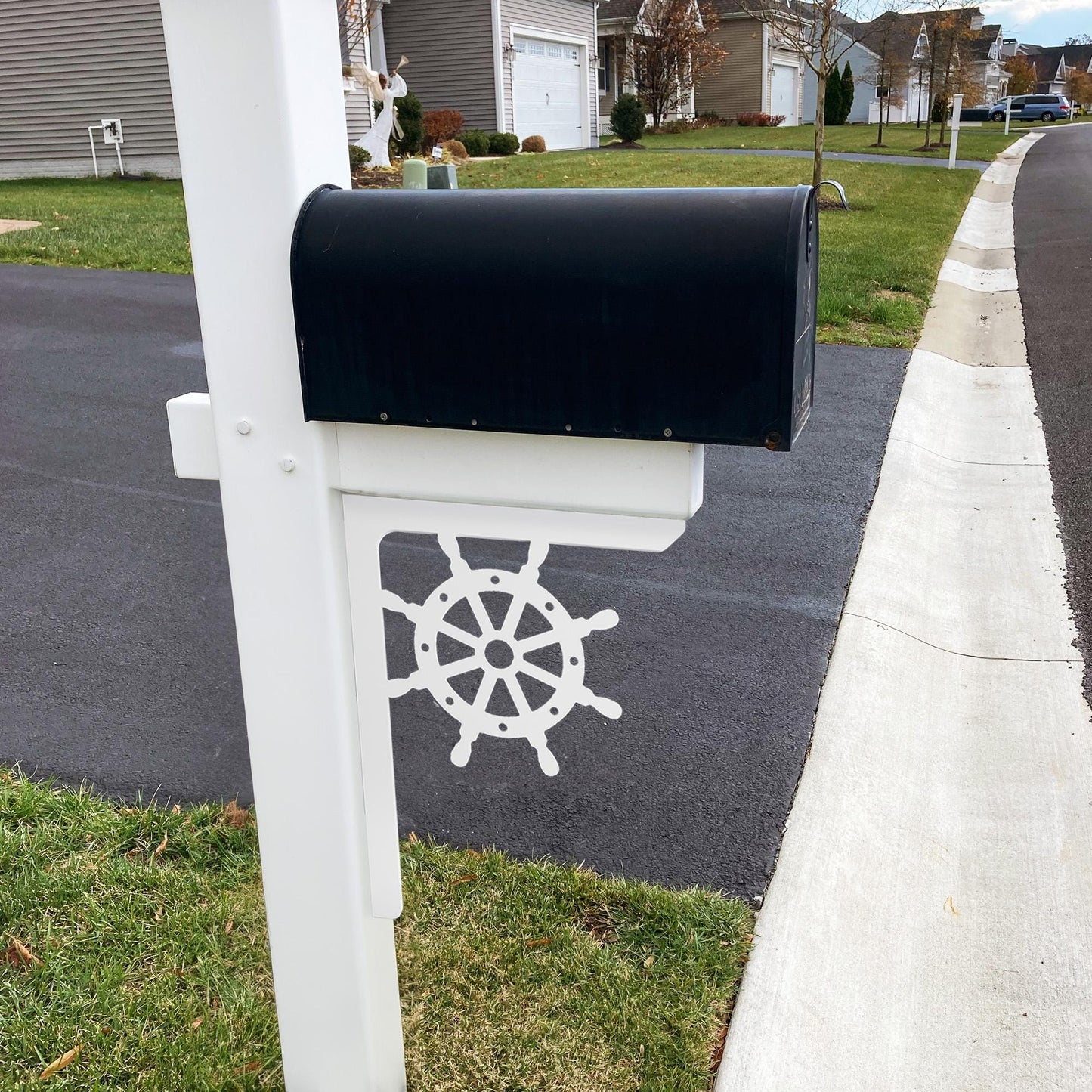 Nautical Wheel Mailbox Bracket: White PVC Porch Decor
