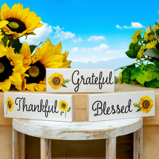 Sunflower Decor: Thankful Grateful Blessed Wooden Block Set
