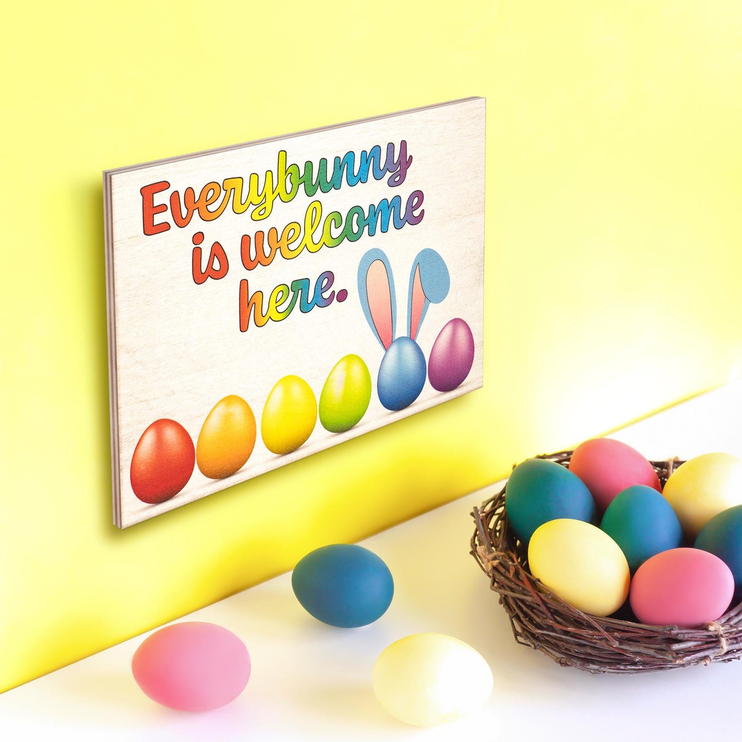 Everybunny Is Welcome Here Sign: Rainbow Easter Decor