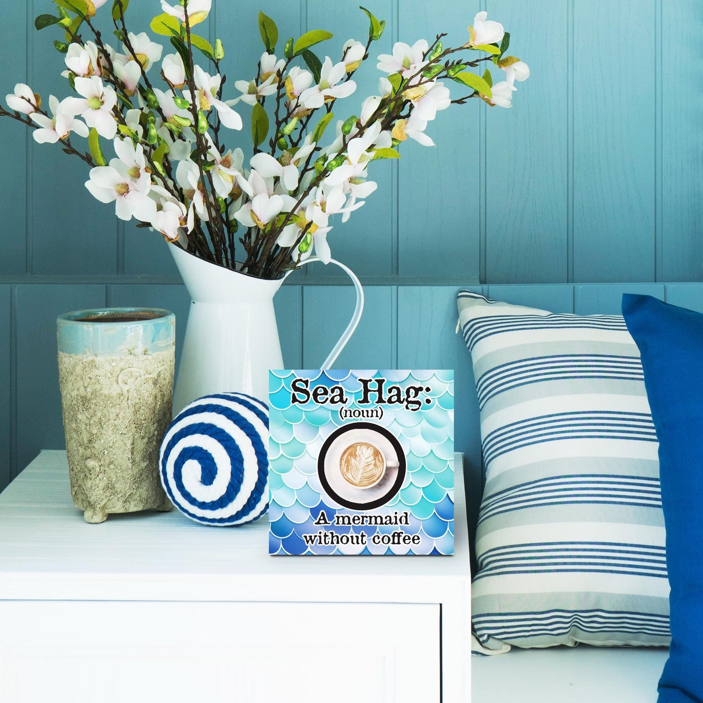 Funny Mermaid Coffee Sign: Sea Hag Wooden Decor, Beach House Gift