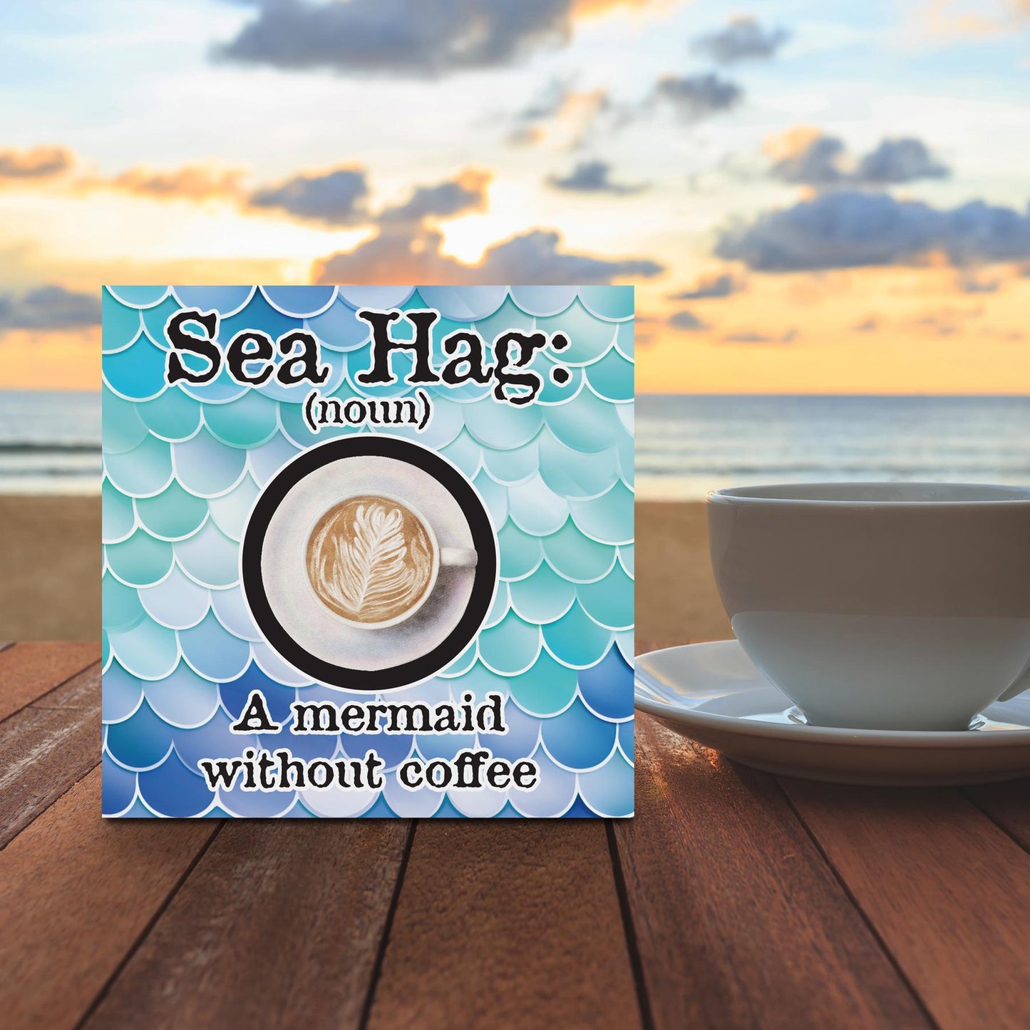 Funny Mermaid Coffee Sign: Sea Hag Wooden Decor, Beach House Gift