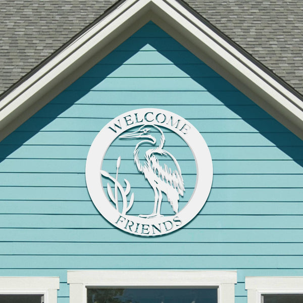 Welcome Friends Egret Heron Sign: Coastal Cottage PVC Wall Decor