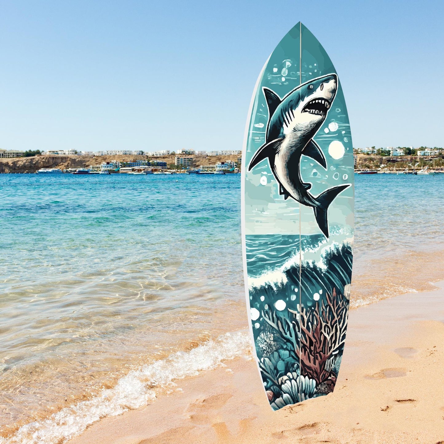 Shark Surfboard Wall Art: Weather Resistant Ocean Decor (3 Foot)