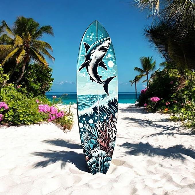 Shark Surfboard Wall Art: Weather Resistant Ocean Decor (3 Foot)