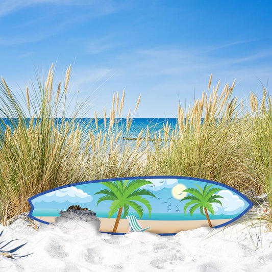 Outdoor Surfboard Wall Art, Beach Decor, Surfboard Sign with Shark Bite, Palm Trees and Beach-Themed, Weather Resistant PVC, 3 - 5 Feet