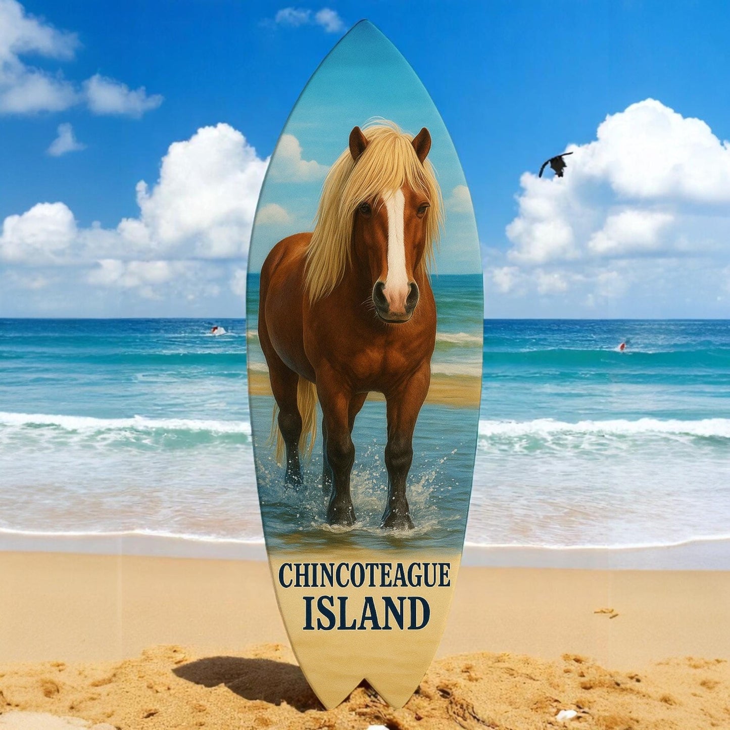Chincoteague Island Surfboard Wall Art: Riptide Stallion Horse & Oysters