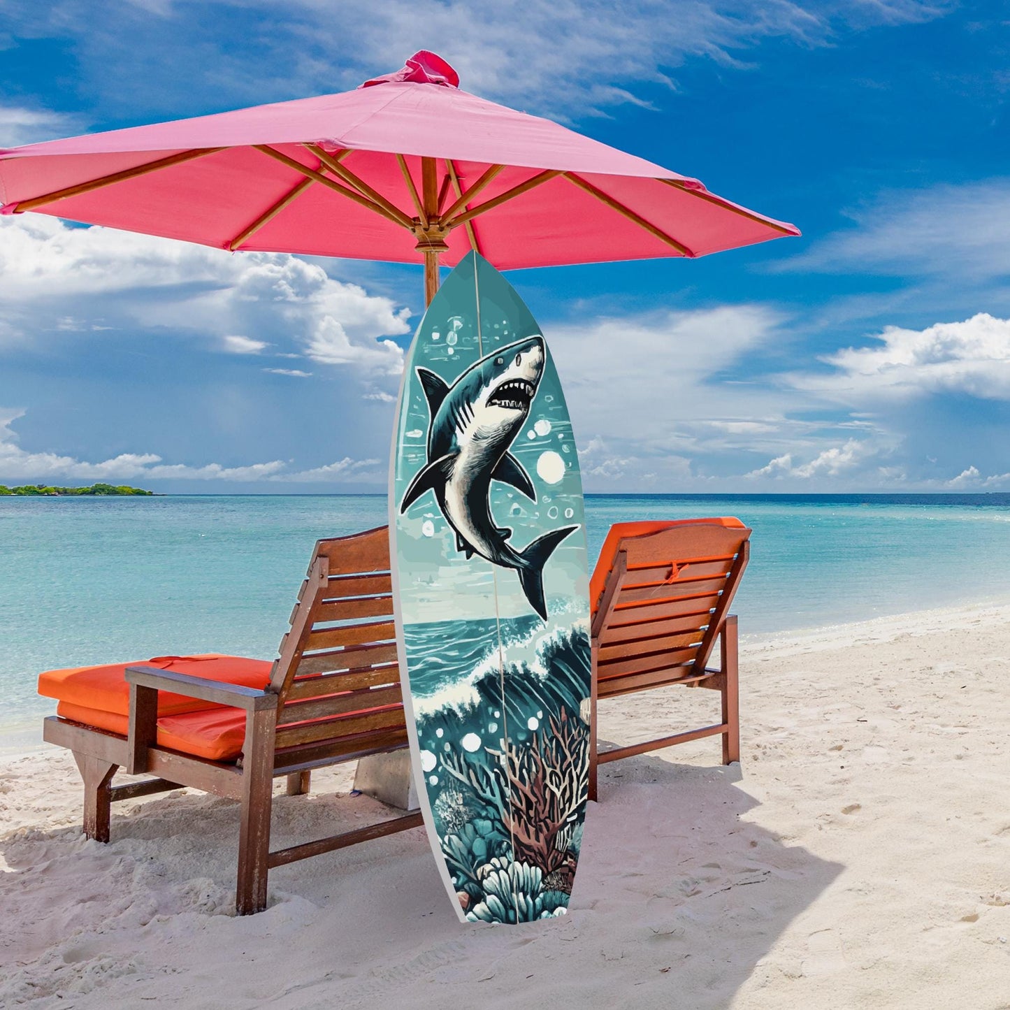 Shark Surfboard Wall Art: Weather Resistant Ocean Decor (3 Foot)