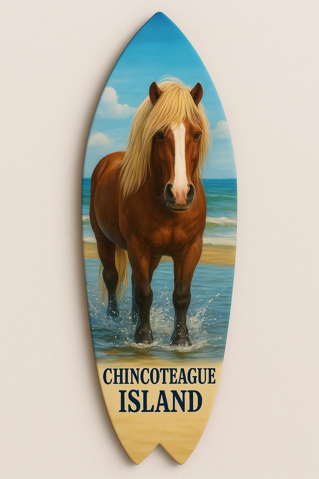 Chincoteague Island Surfboard Wall Art: Riptide Stallion Horse & Oysters