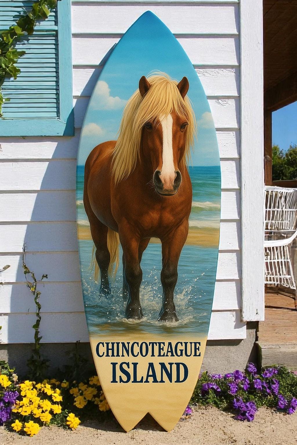 Chincoteague Island Surfboard Wall Art: Riptide Stallion Horse & Oysters