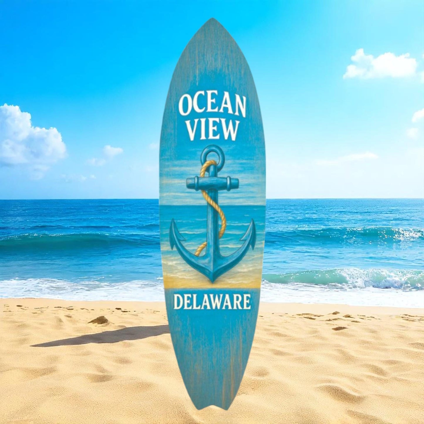 Ocean View Delaware Surfboard Wall Art: Coastal Anchor Beach House Decor