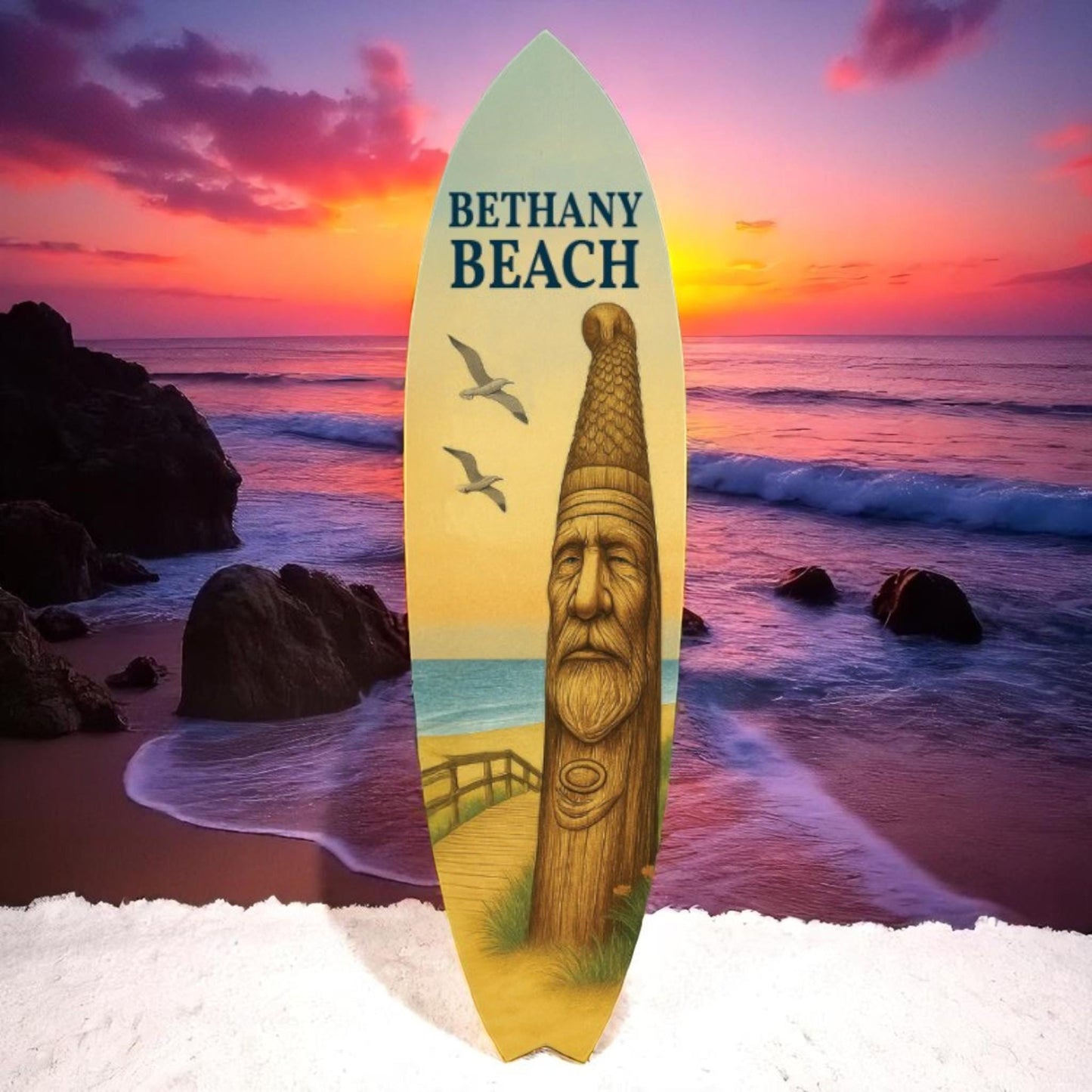 Bethany Beach Surfboard Wall Art: Coastal Lighthouse Decor, Weatherproof PVC