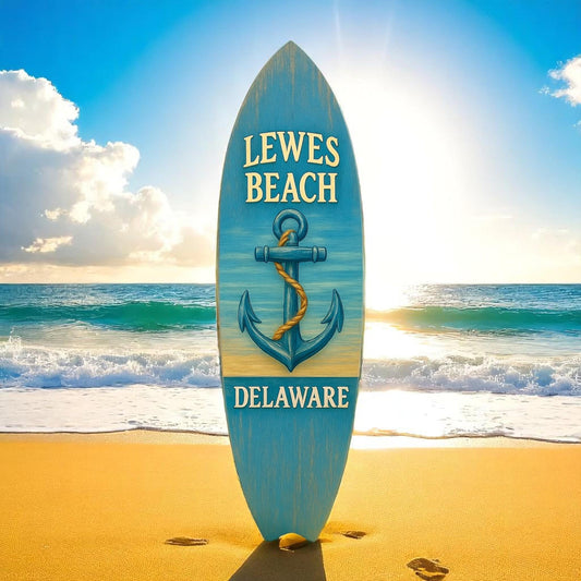Lewes Beach Delaware Surfboard Sign: Coastal PVC Nautical Decor