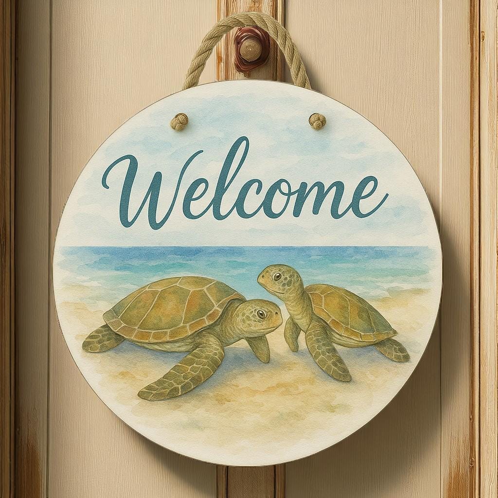 Turtle Welcome Sign: Coastal Beach House Decor with Nautical Rope