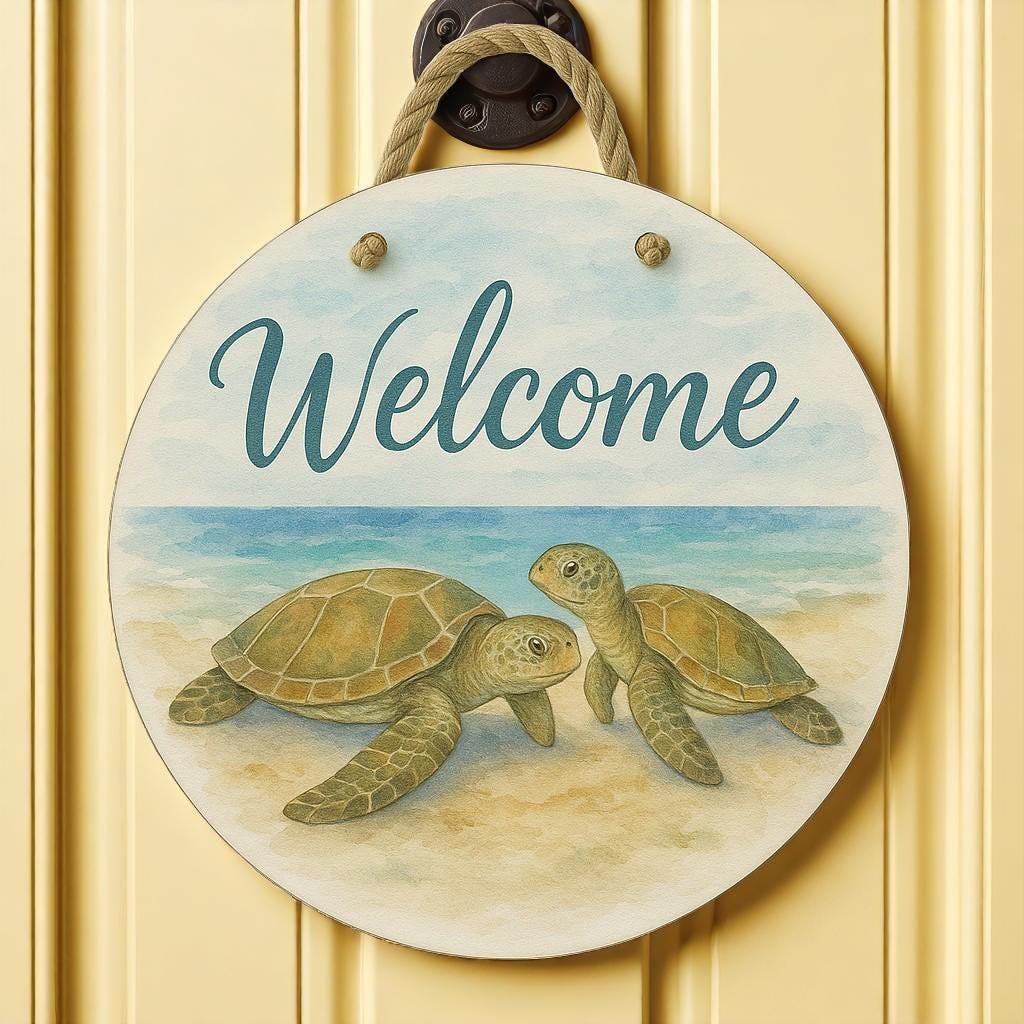 Turtle Welcome Sign: Coastal Beach House Decor with Nautical Rope