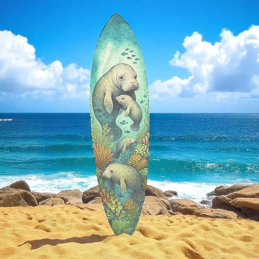 Manatee Surfboard Wall Art: Coastal Beach Decor, Weatherproof PVC