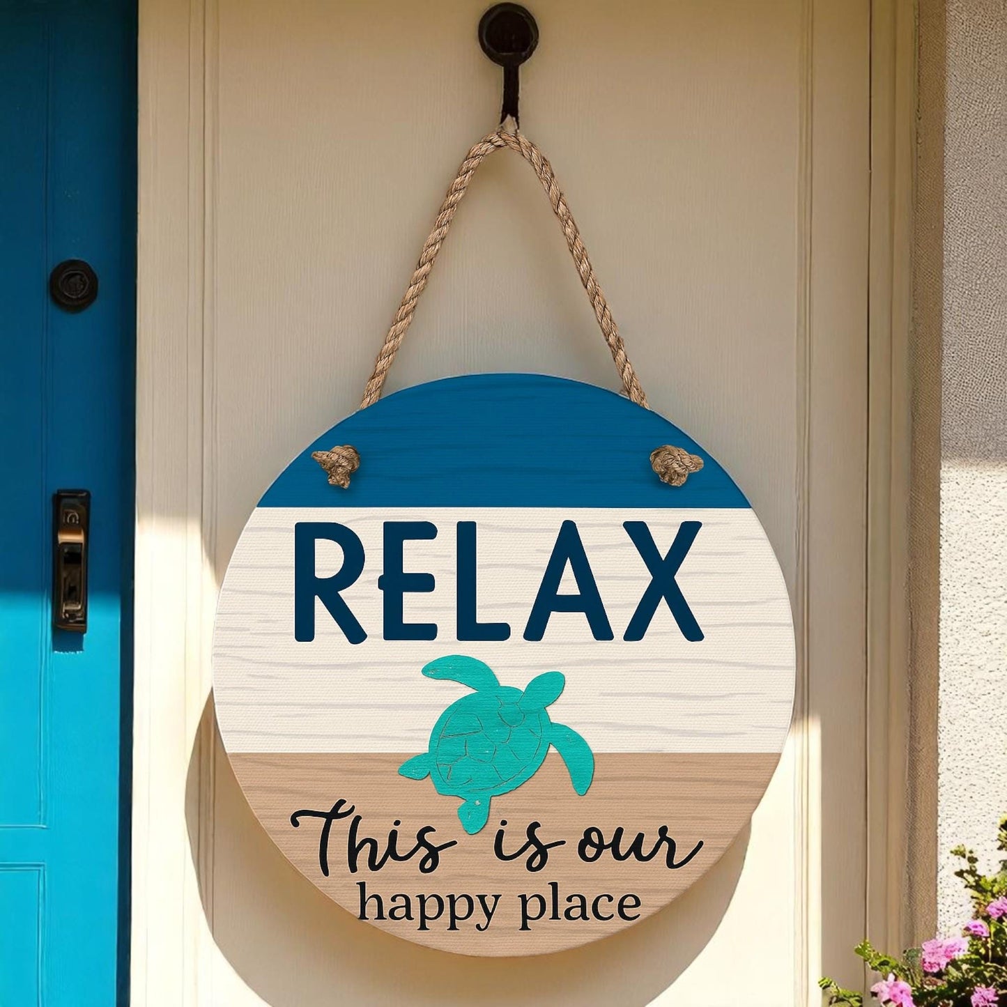Turtle Door Hanger: 16" Coastal Beach House Decor, Nautical Rope