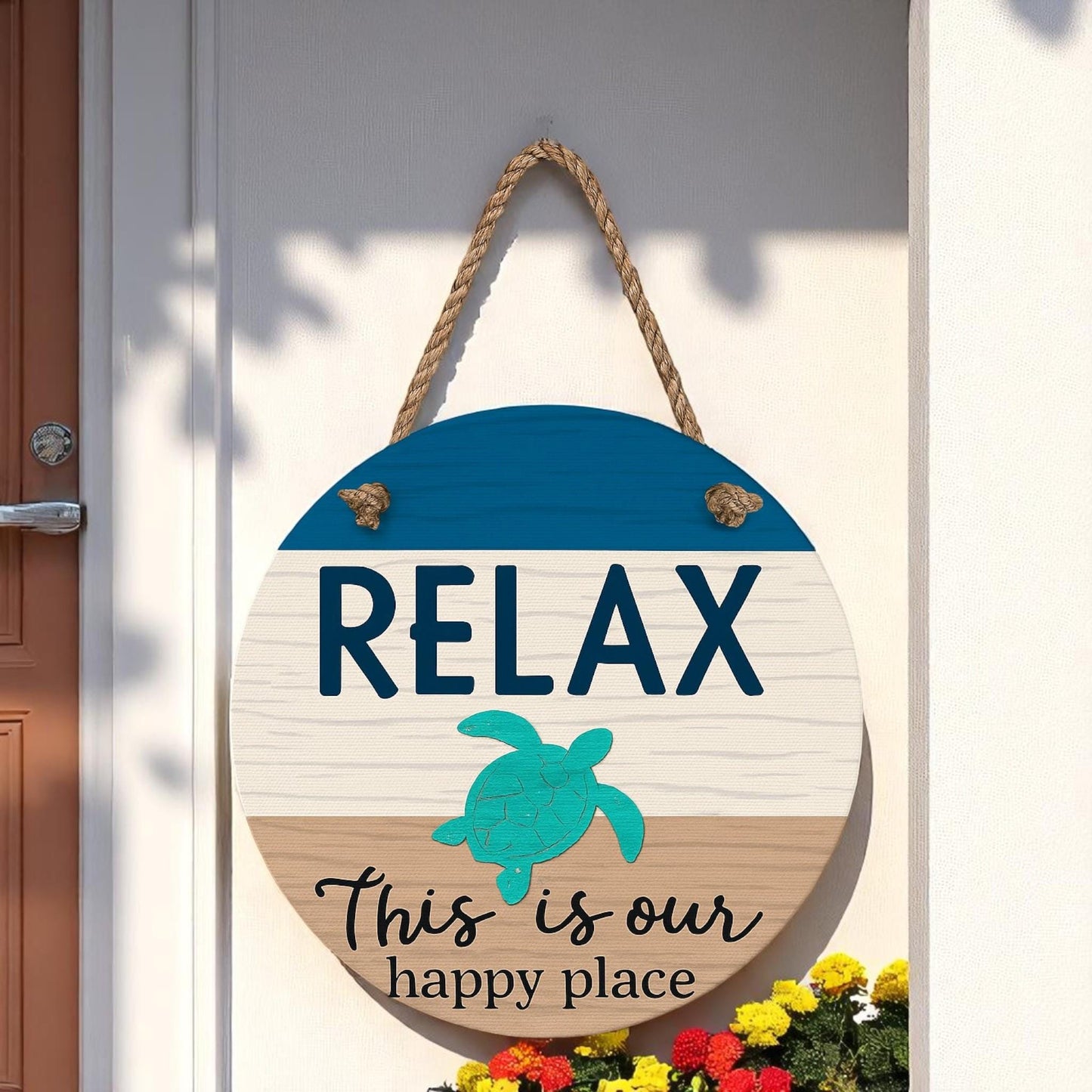 Turtle Door Hanger: 16" Coastal Beach House Decor, Nautical Rope