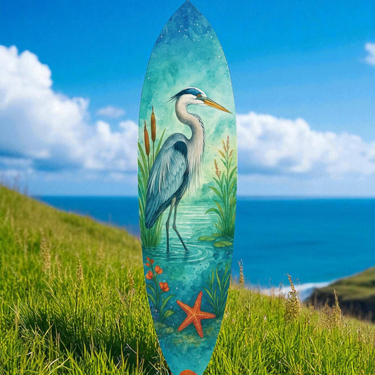 Egret Surfboard Wall Art: Coastal Bird Decor, Beach House Sign