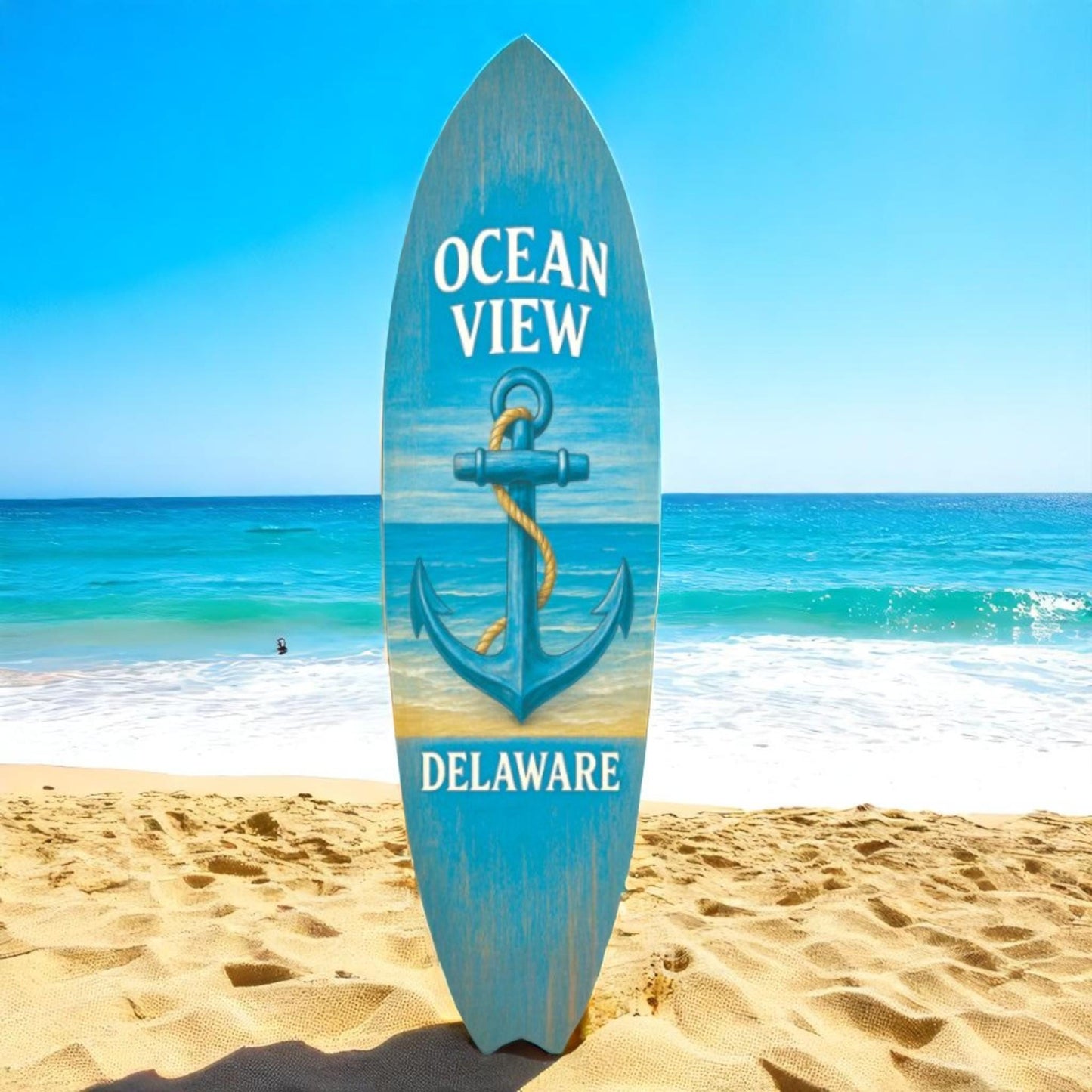 Ocean View Delaware Surfboard Wall Art: Coastal Anchor Beach House Decor