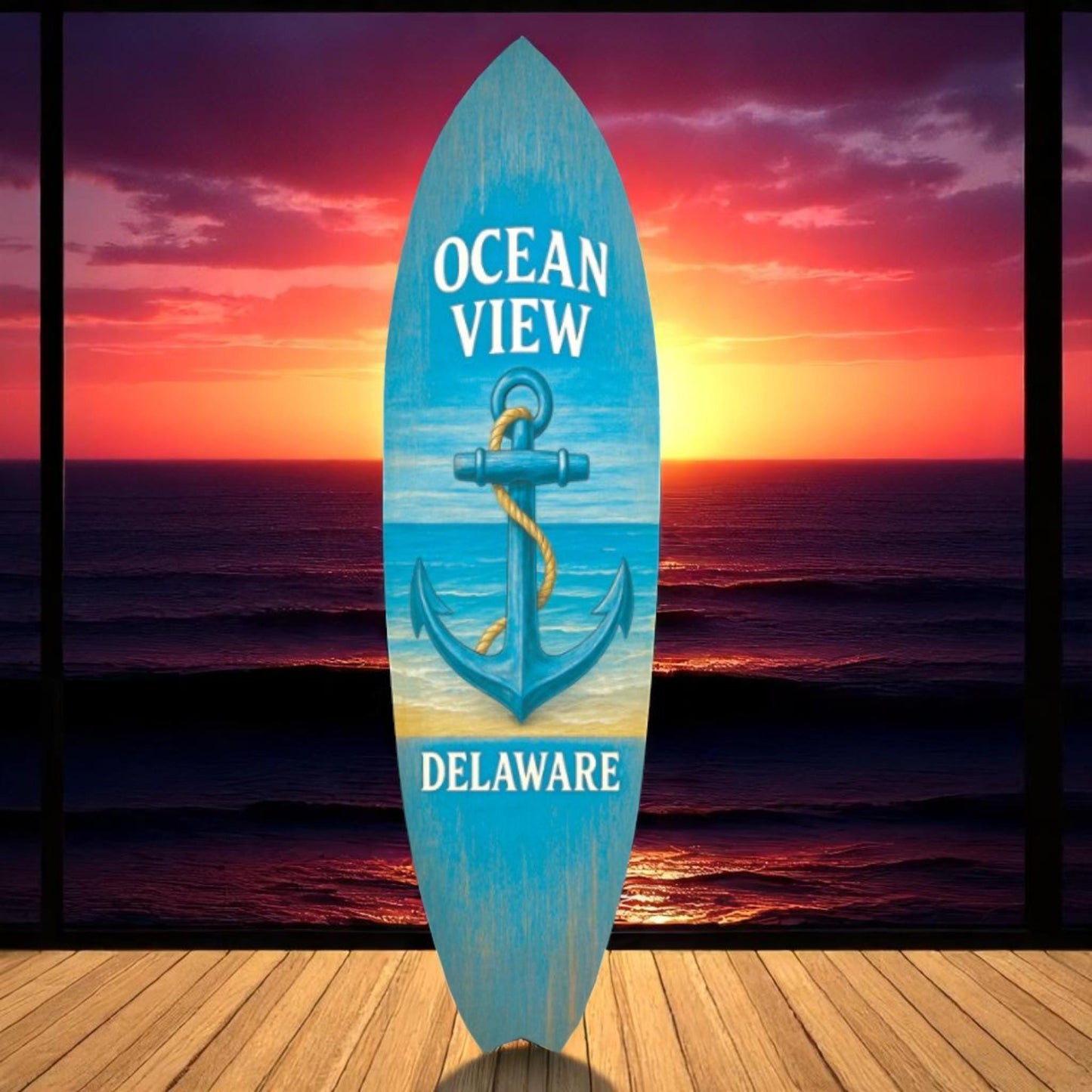 Ocean View Delaware Surfboard Wall Art: Coastal Anchor Beach House Decor
