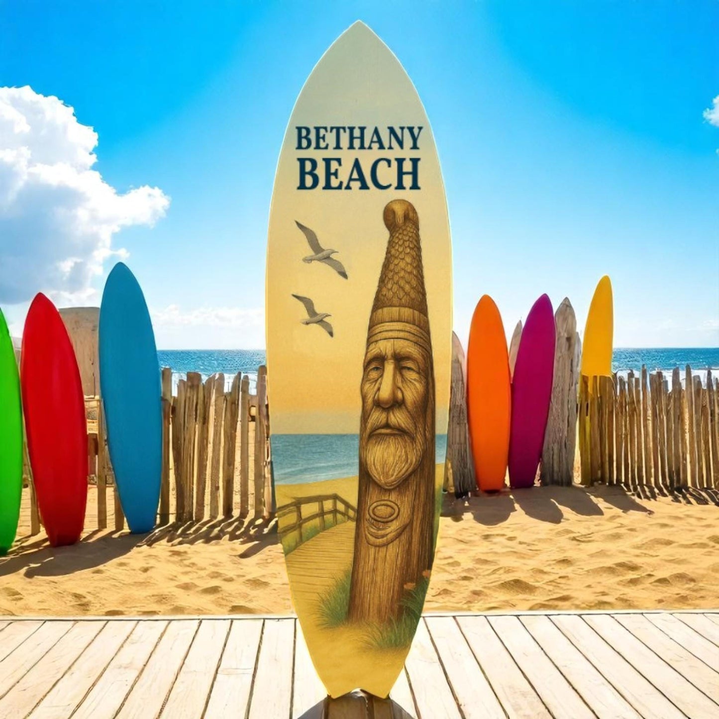 Bethany Beach Surfboard Wall Art: Coastal Lighthouse Decor, Weatherproof PVC