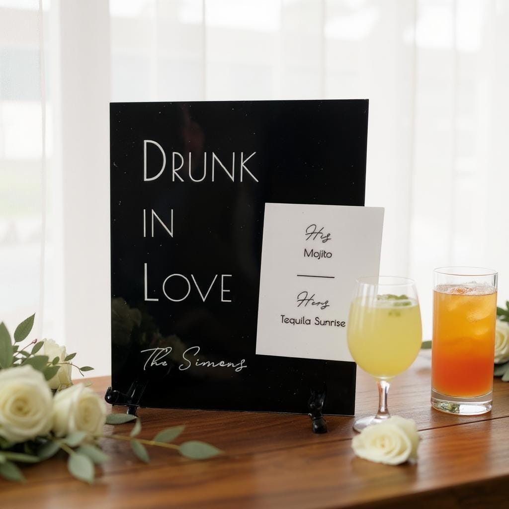 Glossy Acrylic Wedding Signature Drink Sign: 3D Minimalist Bar Menu