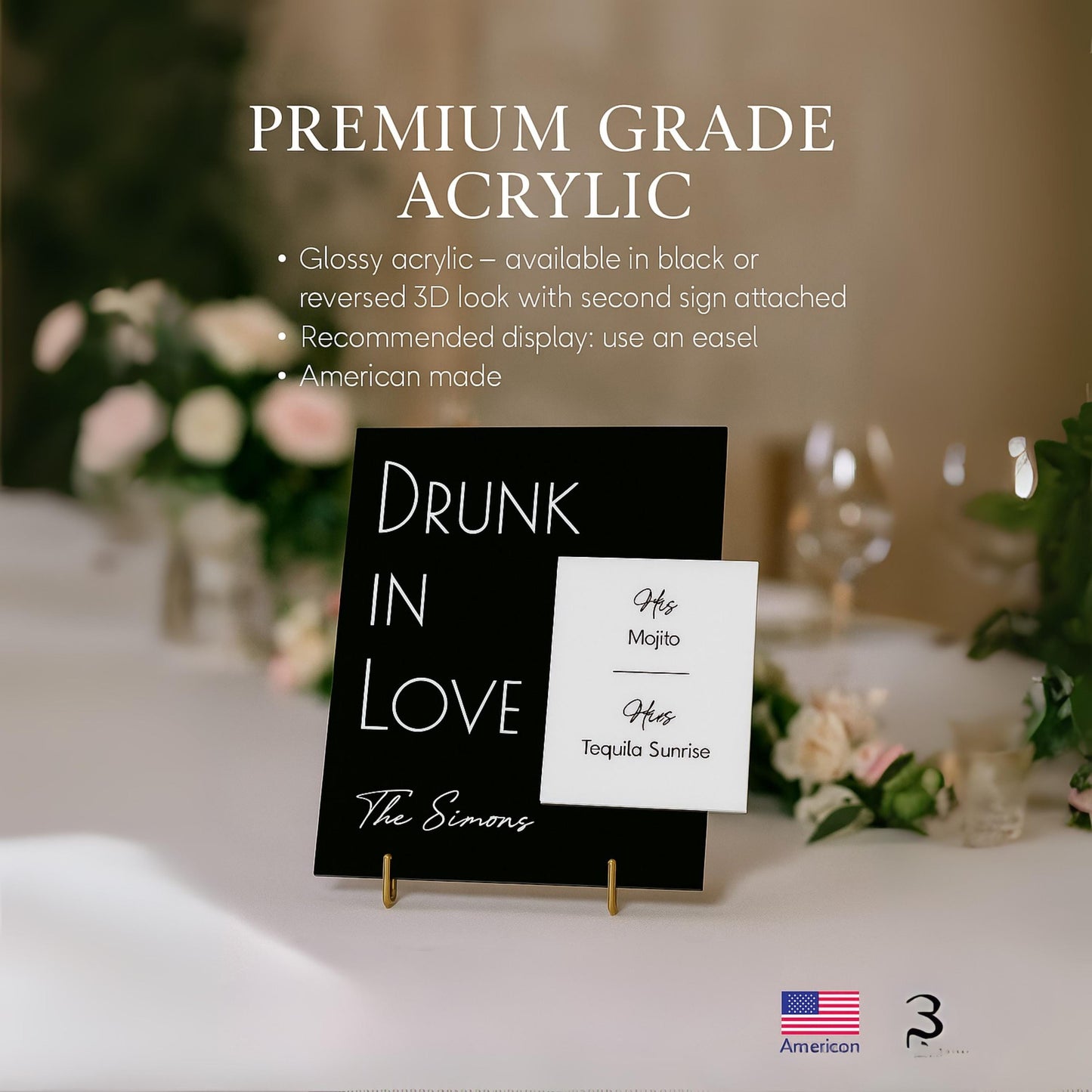 Glossy Acrylic Wedding Signature Drink Sign: 3D Minimalist Bar Menu