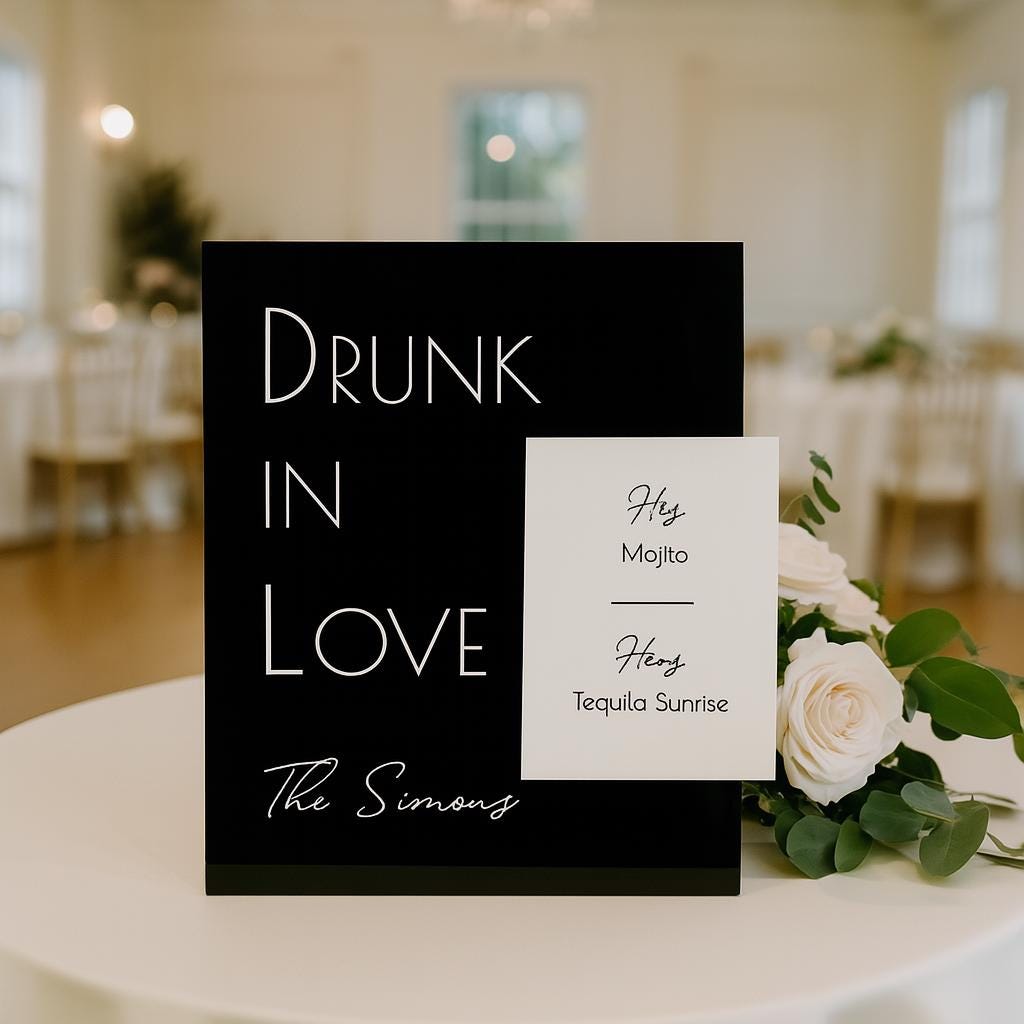 Glossy Acrylic Wedding Signature Drink Sign: 3D Minimalist Bar Menu